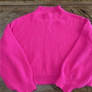 Lulu's Bright Pink Mock Neck Balloon Sleeve Cropped Sweater